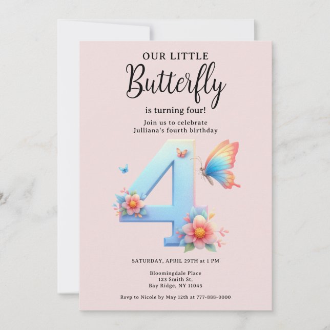 A Little Butterfly 4th Birthday Cute Number Font  Invitation (Front)