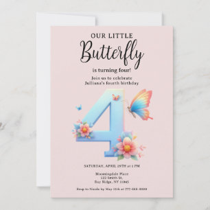 A Little Butterfly 4th Birthday Cute Number Font Invitation