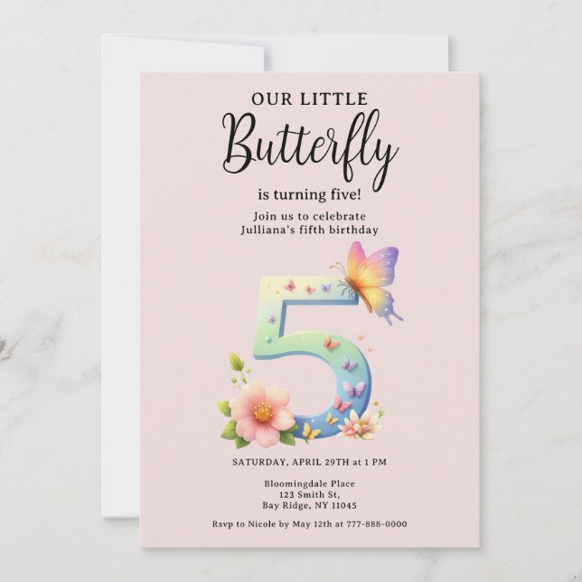 A Little Butterfly 5th Birthday Cute Number Font  Invitation (Front)