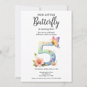 A Little Butterfly 5th Birthday Cute Number Font  Invitation