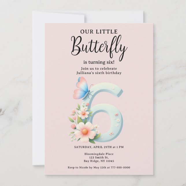 A Little Butterfly 6th Birthday Cute Number Font  Invitation (Front)