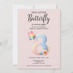 A Little Butterfly 8th Birthday Cute Number Font  Invitation