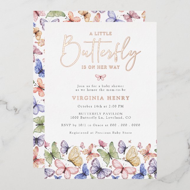 A Little Butterfly Baby Shower Foil Invitation (Front/Back)