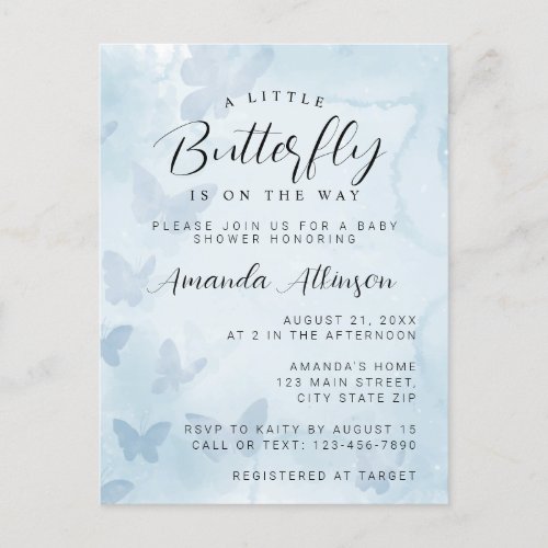 A Little Butterfly Blue Baby Shower Postcard