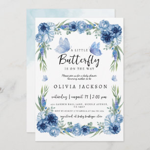 A Little Butterfly Blue Floral Rustic Baby Shower Invitation