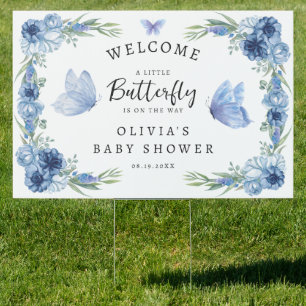A Little Butterfly Blue Floral Rustic Welcome Sign