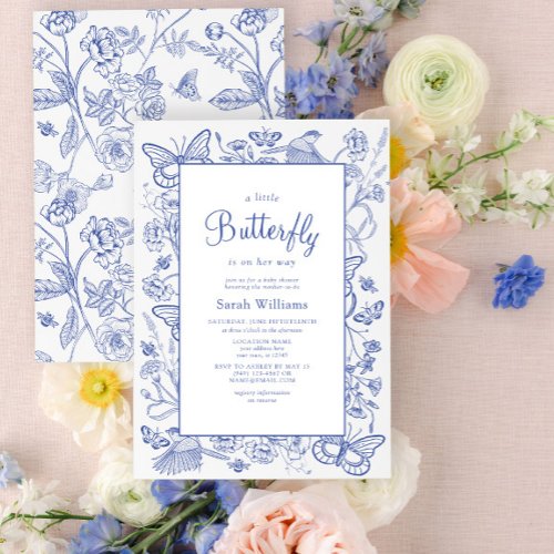 A Little Butterfly Blue  White Floral Baby Shower Invitation