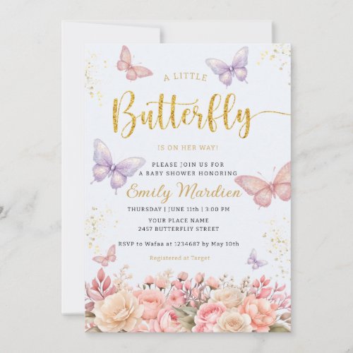 A Little Butterfly Boho floral girl baby shower  I Invitation