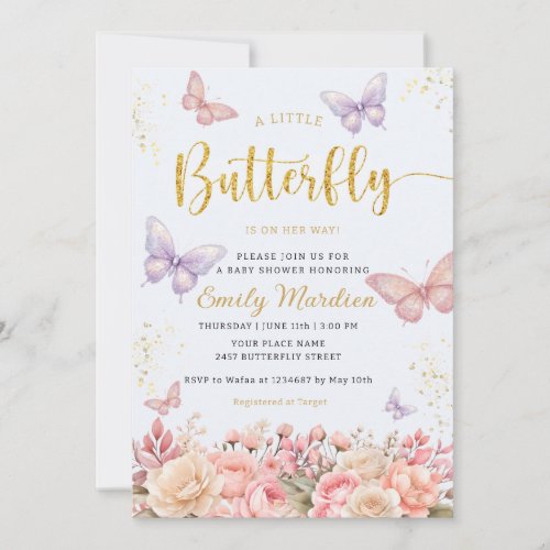 A Little Butterfly Boho floral girl baby shower  Invitation