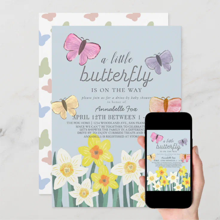 A Little Butterfly Daffodil Driveby Baby Shower Invitation Zazzle