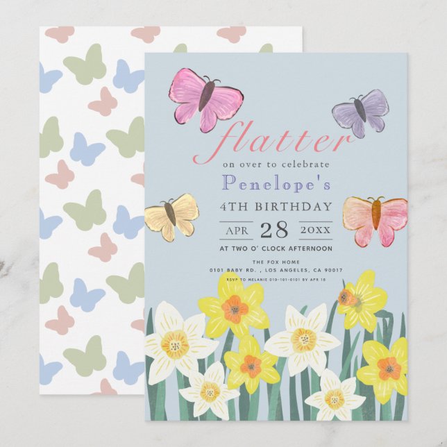 A Little Butterfly Daffodil Girl Birthday Invitation (Front/Back)