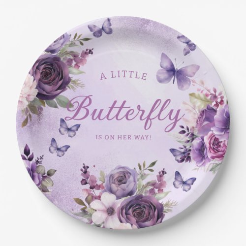 A little Butterfly Floral purple girl Baby Shower  Paper Plates