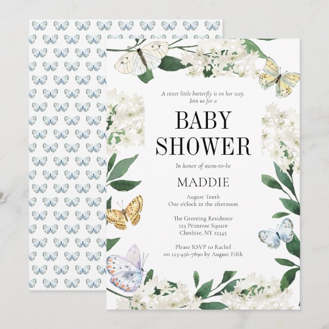A Little Butterfly Floral Watercolor Baby Shower Invitation (Front/Back)