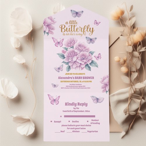 A little butterfly gold and blush pink baby shower all in one invitation
