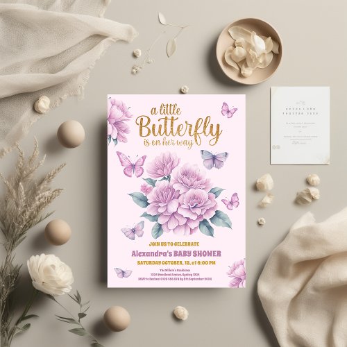 A little butterfly gold and blush pink baby shower invitation
