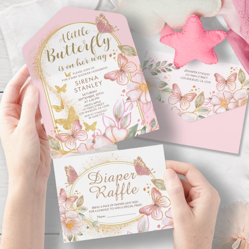 A Little Butterfly  Gold Glitter Girl Baby Shower All In One Invitation