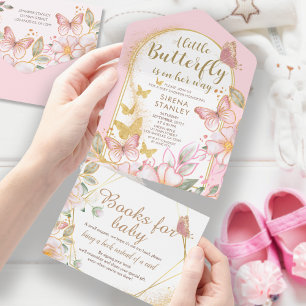 A Little Butterfly Gold Glitter Pink Baby Shower All In One Invitation