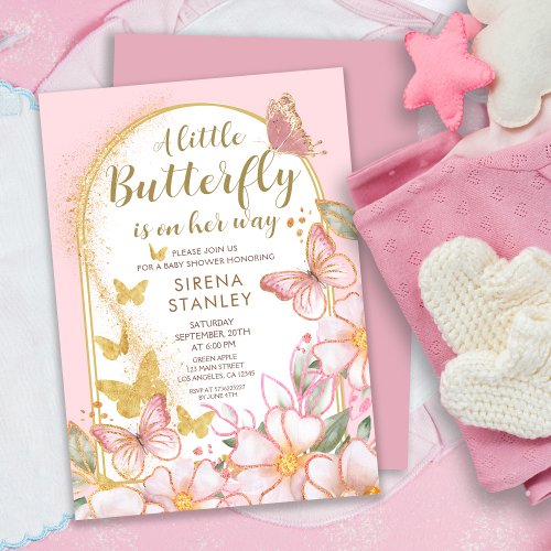 A Little Butterfly  Gold Glitter Pink Baby Shower Invitation