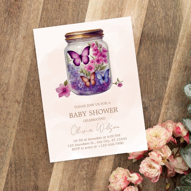 A little butterfly in a jar Floral Baby Shower Invitation (Creator Uploaded)