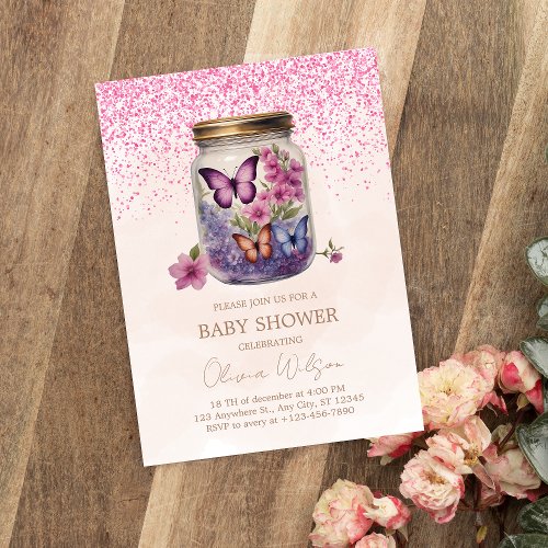 A little butterfly in a jar Floral Baby Shower Invitation