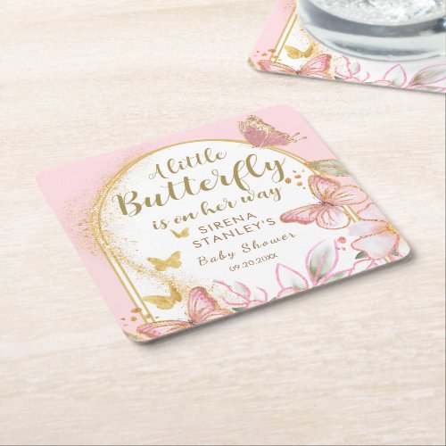 A Little Butterfly Is On Her Way Baby Shower Square Paper Coaster