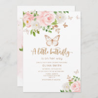 A little butterfly is on her way blush gold invitation