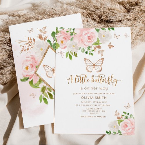 A little butterfly is on her way blush gold invitation
