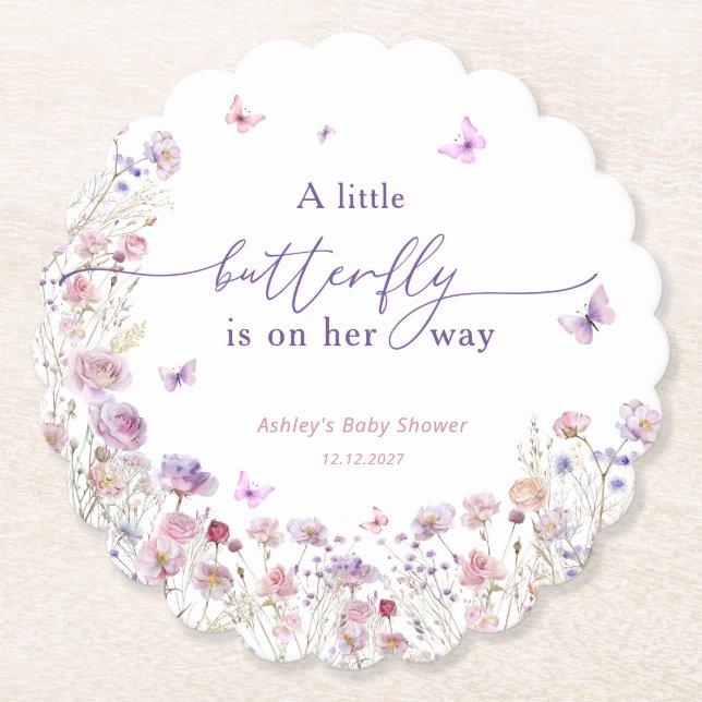 A Little Butterfly Is On Her Way Cute Baby Shower Paper Coaster (Front)