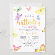 A Little Butterfly Is On Her Way Gold Baby Shower Invitation