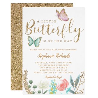 A Little Butterfly Is On Her Way Gold Baby Shower Invitation