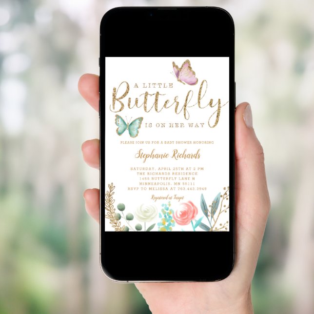 A Little Butterfly Is On Her Way Gold Baby Shower Invitation (Front Digital)