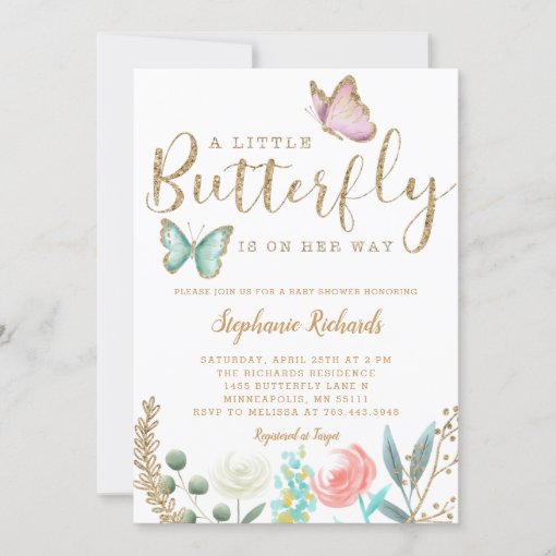 A Little Butterfly Is On Her Way Gold Baby Shower Invitation | Zazzle