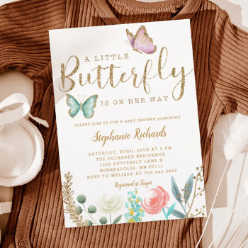 A Little Butterfly Is On Her Way Gold Baby Shower Invitation by NamiBear at Zazzle
