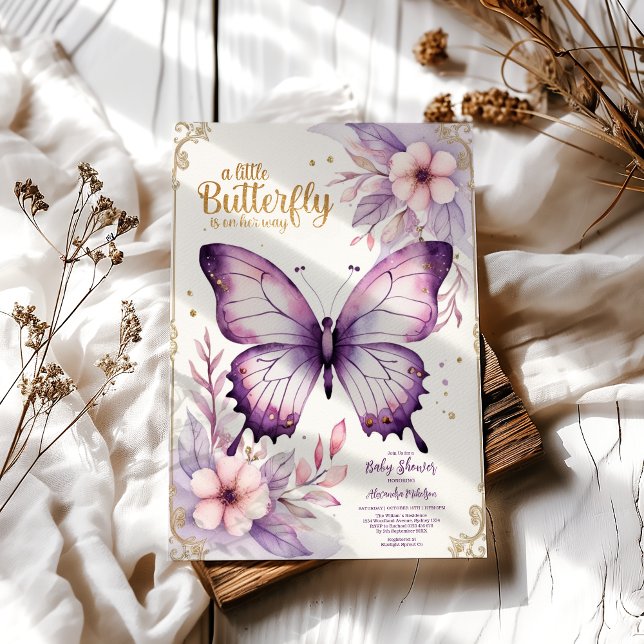A Little Butterfly Is On Her Way Gold Baby Shower Invitation (Creator Uploaded)