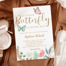 A Little Butterfly Is On Her Way Gold Baby Shower Invitation at Zazzle