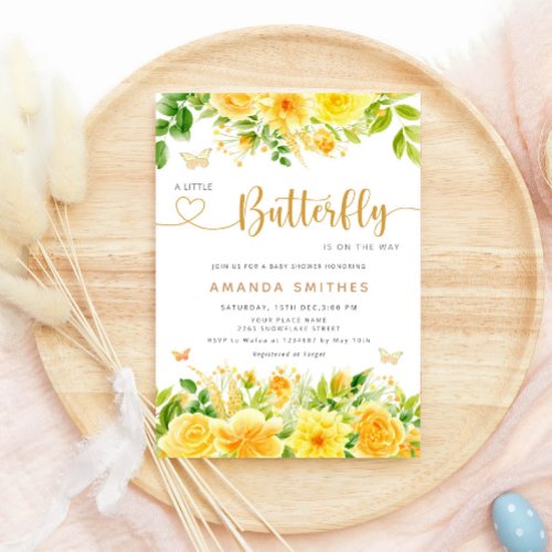 A Little Butterfly Is On Her Way Gold Baby Shower  Invitation