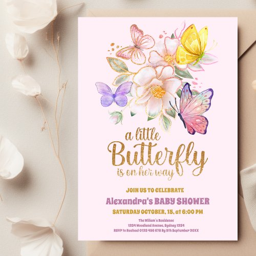 A Little Butterfly Is On Her Way Gold Baby Shower  Invitation