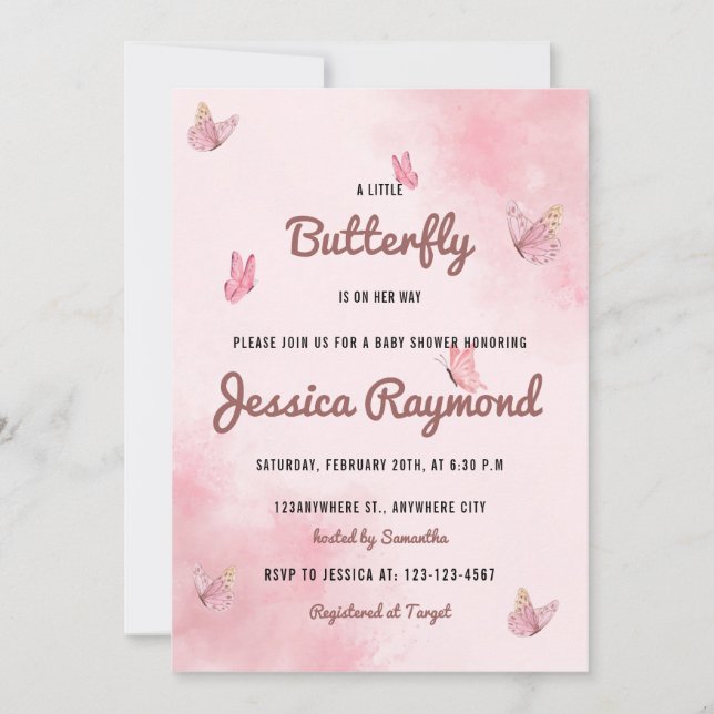 A Little Butterfly Is On Her Way Pink Baby Shower Invitation (Front)
