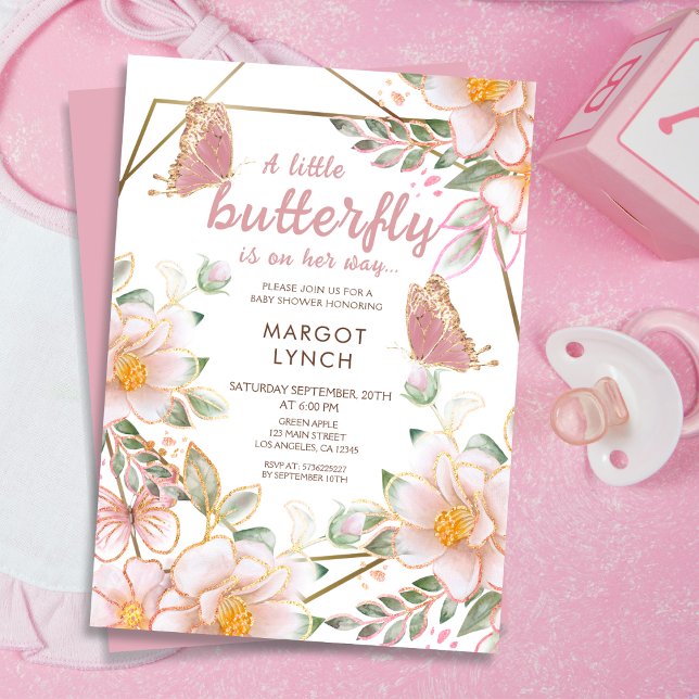 A Little Butterfly Is On Her Way Pink Baby Shower Invitation (Creator Uploaded)