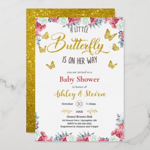 A little Butterfly is on the way Baby Shower gold  Foil Invitation