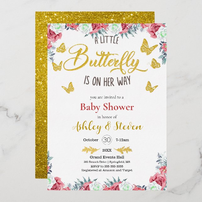 A little Butterfly is on the way Baby Shower gold  Foil Invitation (Front/Back)