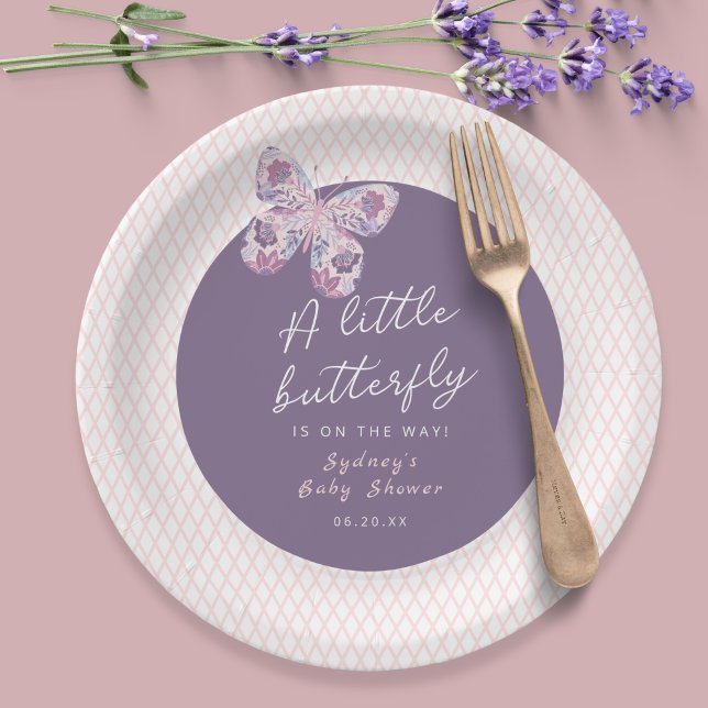 A Little Butterfly is on the Way Baby Shower  Paper Plates (Shown on a 9" round plate)