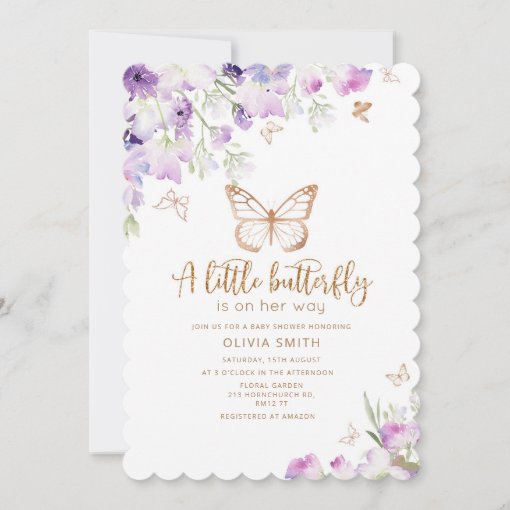 A little butterfly is on the way gold lilac invitation | Zazzle