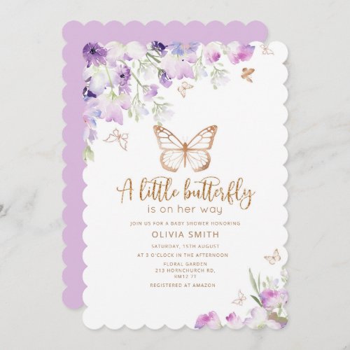 A little butterfly is on the way gold lilac invitation