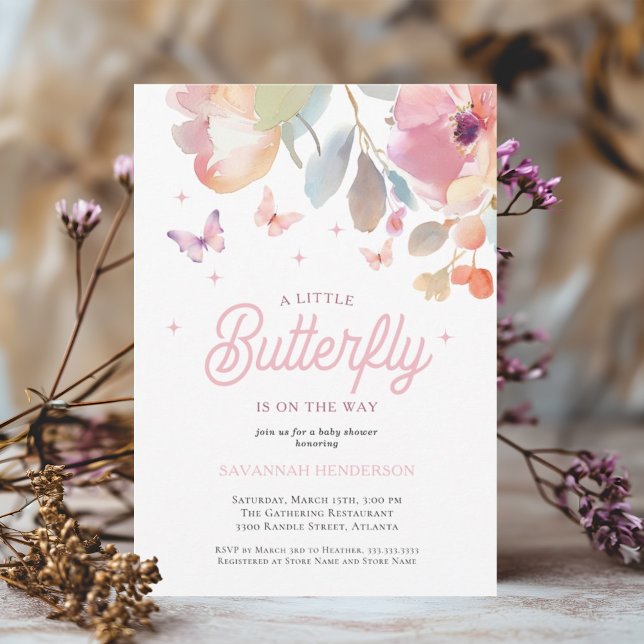 A Little Butterfly Pink Floral Baby Shower Invitation (Creator Uploaded)
