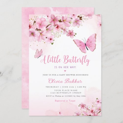 A Little Butterfly Pink Floral Girl Baby Shower Invitation