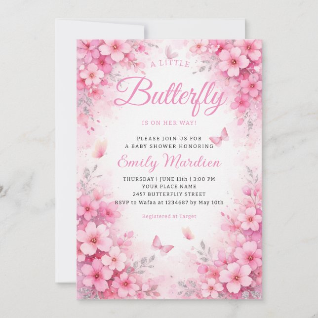 A little Butterfly Pink Floral Girl Baby Shower  Invitation (Front)