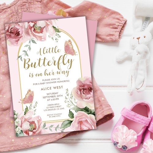 A Little Butterfly  Pink Gold Glitter Baby Shower Invitation