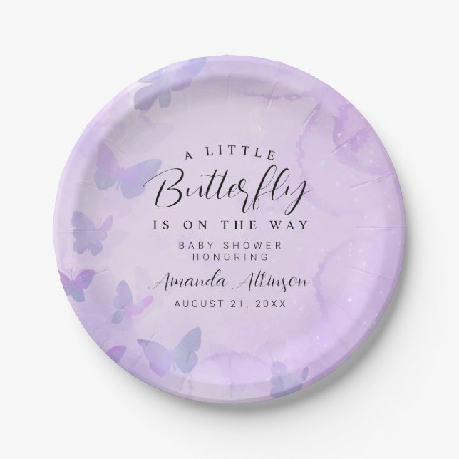 A Little Butterfly Purple Baby Shower Paper Plates (Front)