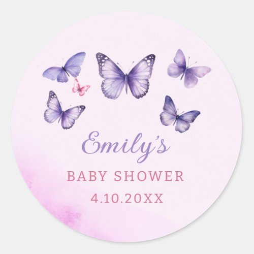 A Little Butterfly purple Girl Baby Shower  Classic Round Sticker